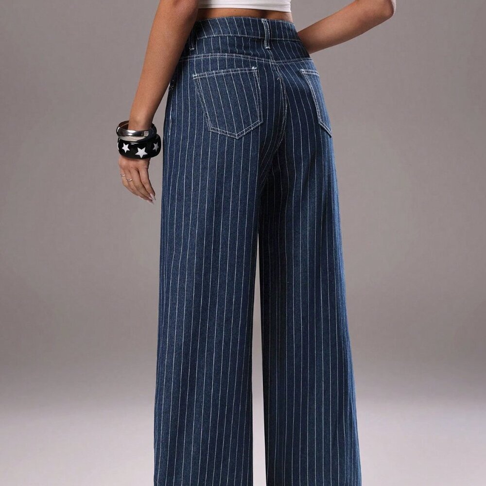 Medium Wash Casual Women's Striped Low-Waist Straight Leg Jeans - Picture 2 of 7